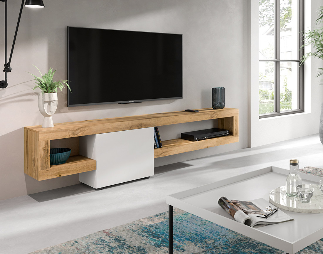 Meuble tv suspendu 1 porte et 1 étagère bois et blanc 190 cm Ned