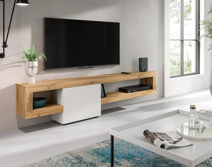 Meuble tv suspendu 1 porte et 1 étagère bois et blanc 190 cm Ned