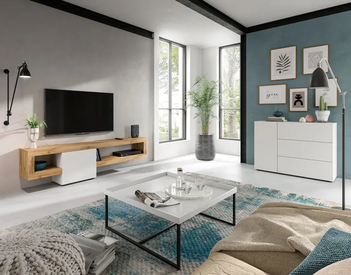 Meuble tv suspendu 1 porte et 1 étagère bois et blanc 190 cm Ned Meuble tv suspendu 1 porte et 1 étagère bois et blanc 190 cm Ned