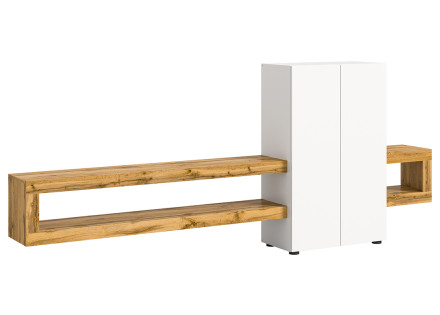 Meuble tv suspendu 2 portes et 2 étagères bois et blanc 270 cm Ned