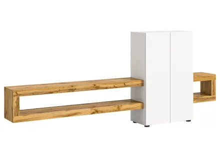Meuble tv suspendu 2 portes et 2 étagères bois et blanc 270 cm Ned