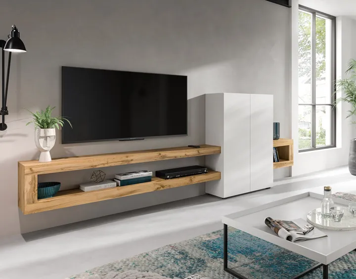 Meuble tv suspendu 2 portes et 2 étagères bois et blanc 270 cm Ned