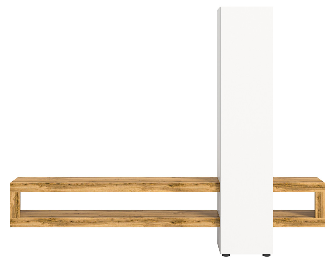 Meuble tv suspendu 1 porte et 3 étagères bois et blanc 240 cm Ned