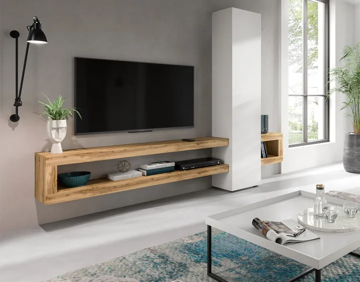 Meuble tv suspendu 1 porte et 3 étagères bois et blanc 240 cm Ned