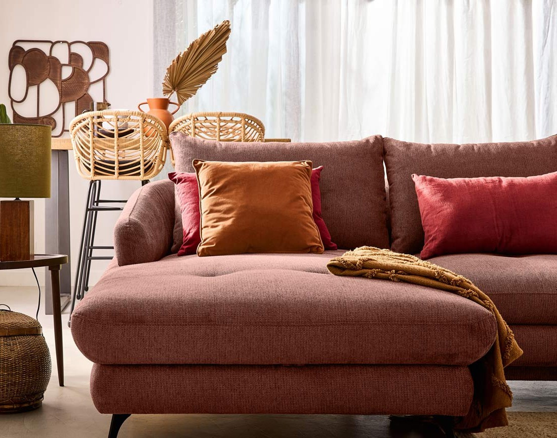 Canapé d'angle gauche 4 places convertible avec coffre en tissu texturé Ninon Canapé d'angle gauche 4 places convertible avec coffre en tissu texturé Ninon