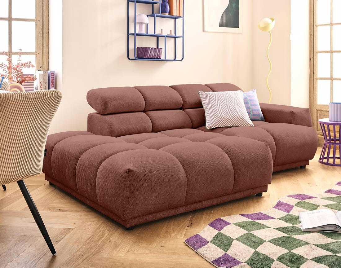 Canapé d'angle gauche 4 places avec têtières réglables en tissu texturé Matera