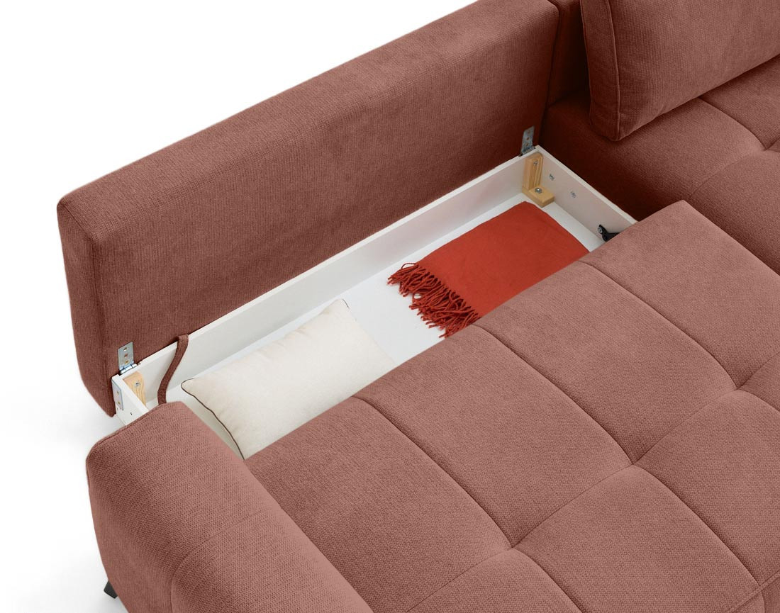 Canapé d'angle droit 4 places convertible avec coffre en tissu texturé Rimini Canapé d'angle droit 4 places convertible avec coffre en tissu texturé Rimini