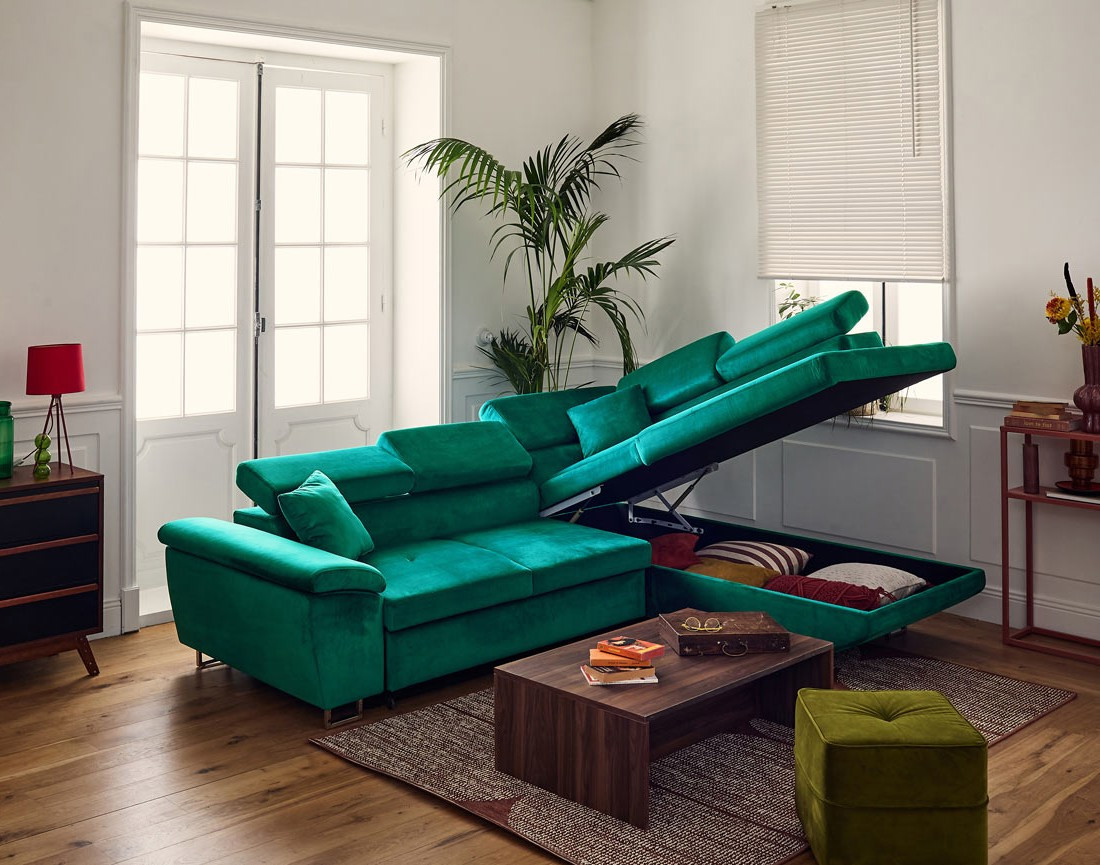 Canapé d'angle droit 5 places convertible avec coffre et têtières réglables en velours Dimas