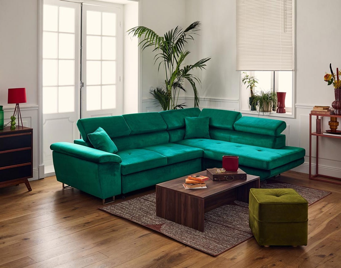 Canapé d'angle droit 5 places convertible avec coffre et têtières réglables en velours Dimas