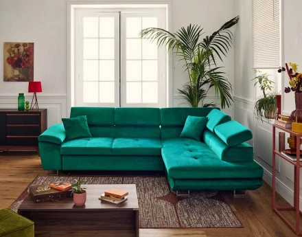 Canapé d'angle droit 5 places convertible avec coffre et têtières réglables en velours Dimas