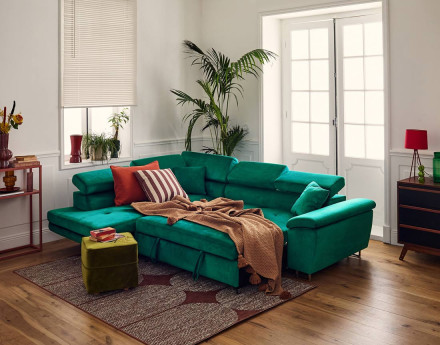 Canapé d'angle gauche 5 places convertible avec coffre et têtières réglables en velours Dimas