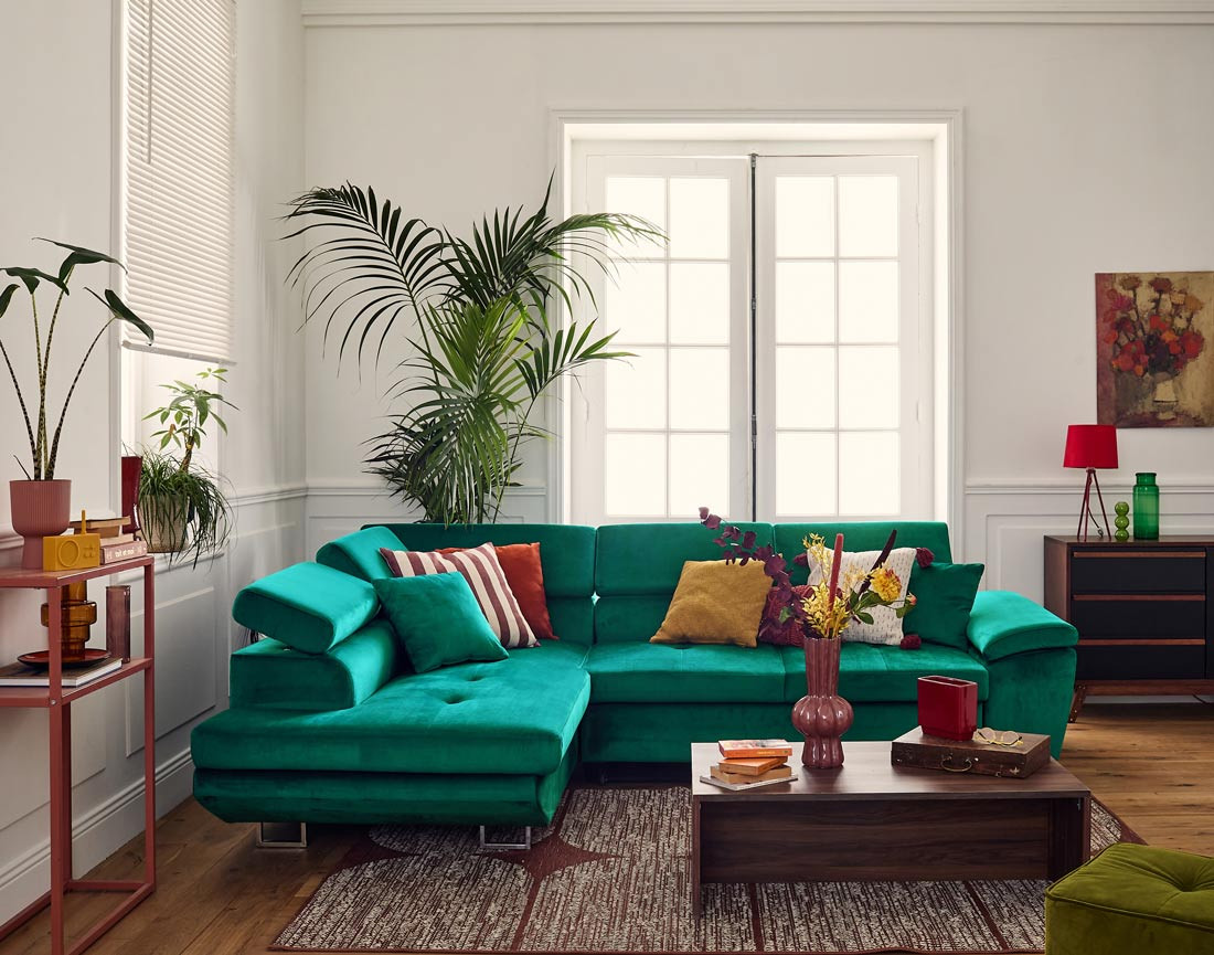 Canapé d'angle gauche 5 places convertible avec coffre et têtières réglables en velours Dimas