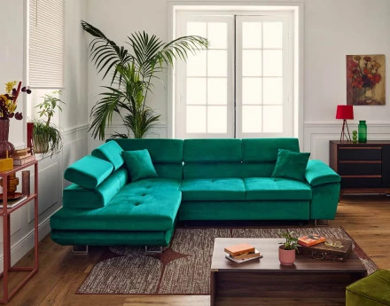 Canapé d'angle gauche 5 places convertible avec coffre et têtières réglables en velours Dimas