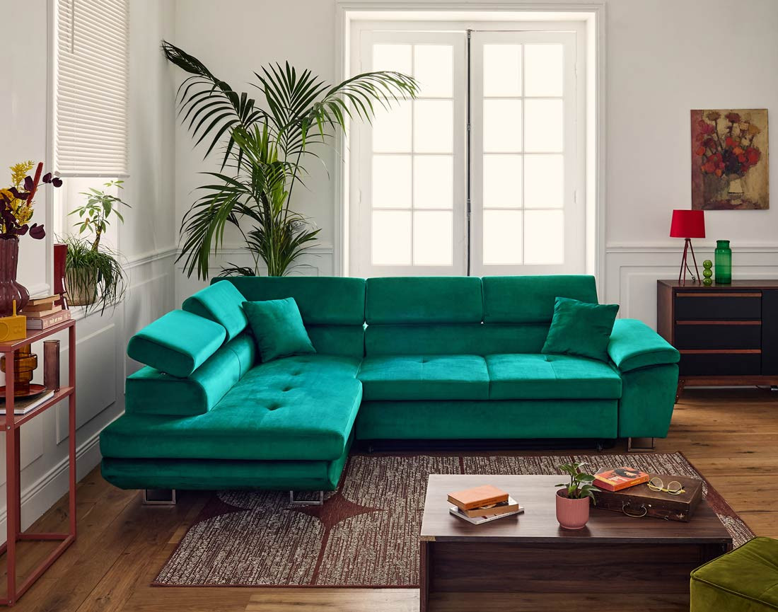 Canapé d'angle gauche 5 places convertible avec coffre et têtières réglables en velours Dimas