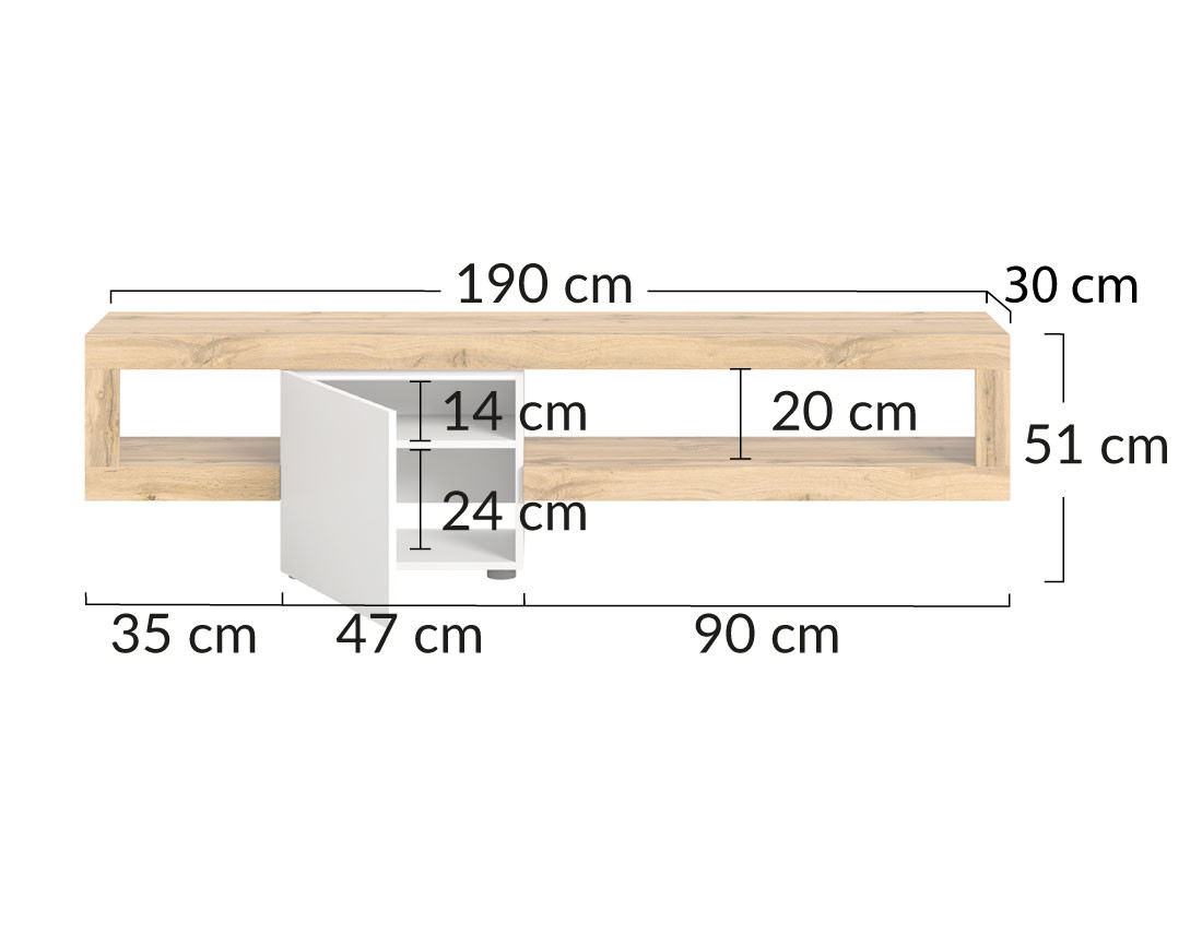 Meuble tv suspendu 1 porte et 1 étagère bois et blanc 190 cm Ned