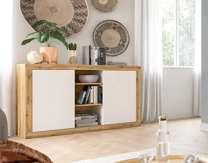 Buffet bas 2 portes et 3 niches bois et blanc 130 cm Ethan