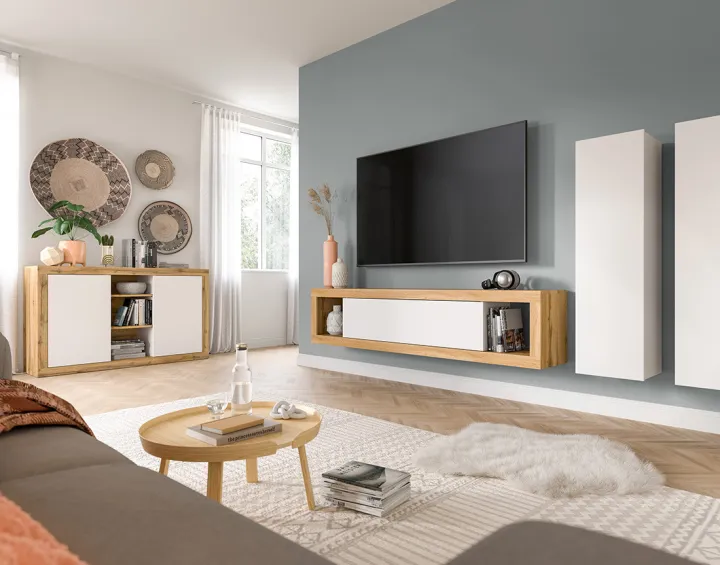 Buffet bas 2 portes et 3 niches bois et blanc 130 cm Ethan Buffet bas 2 portes et 3 niches bois et blanc 130 cm Ethan