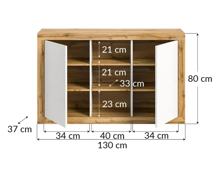 Buffet bas 2 portes et 3 niches bois et blanc 130 cm Ethan Buffet bas 2 portes et 3 niches bois et blanc 130 cm Ethan