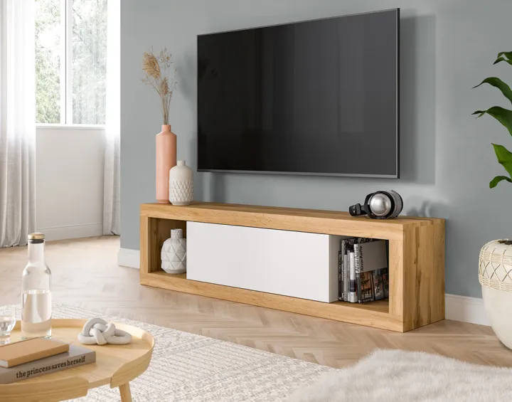 Meuble tv 1 porte bois et blanc 150 cm Ethan