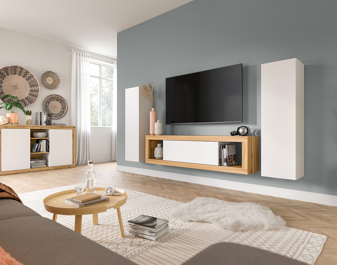 Meuble tv 1 porte bois et blanc 150 cm Ethan