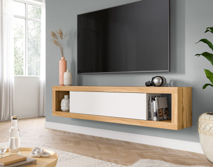 Meuble tv 1 porte bois et blanc 180 cm Ethan