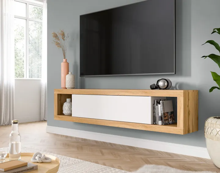 Meuble tv 1 porte bois et blanc 180 cm Ethan
