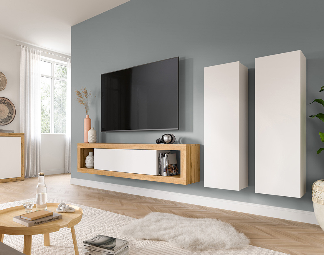 Meuble tv 150 cm 2 armoires murales 110 cm bois et blanc Ethan