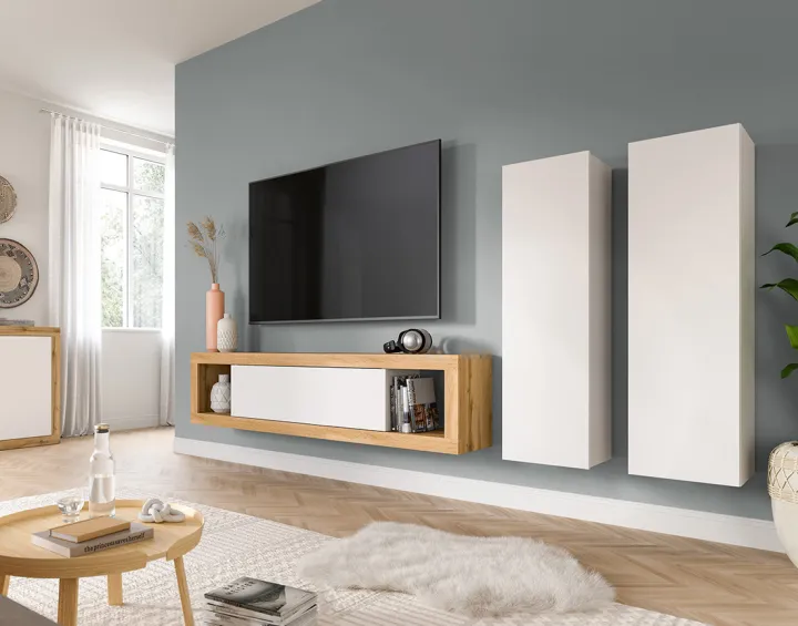 Meuble tv 150 cm 2 armoires murales 110 cm bois et blanc Ethan Meuble tv 150 cm 2 armoires murales 110 cm bois et blanc Ethan