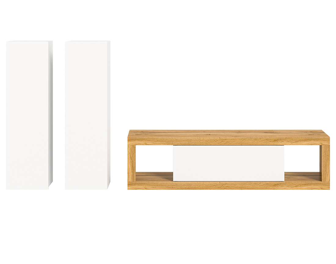 Meuble tv 150 cm 2 armoires murales 110 cm bois et blanc Ethan