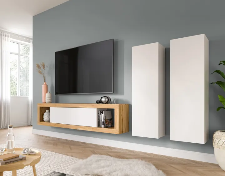 Meuble tv 150 cm 2 armoires murales 110 cm bois et blanc Ethan