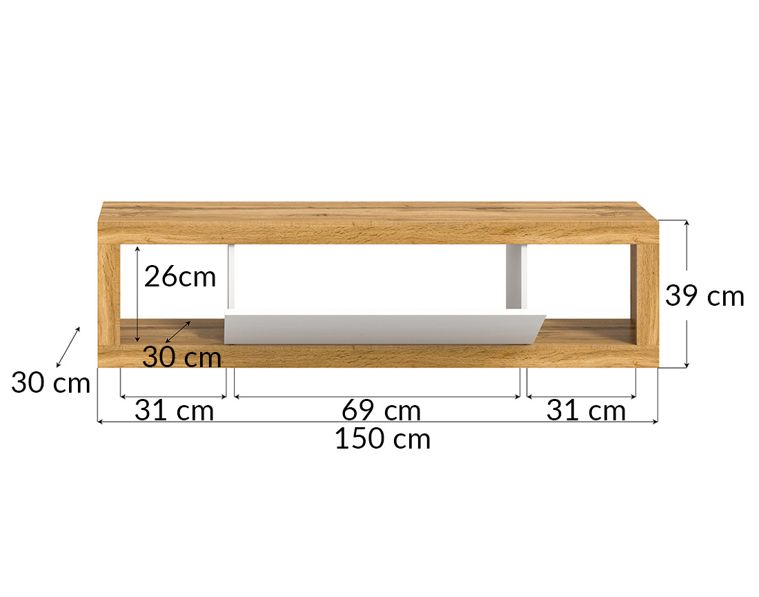 Meuble tv 150 cm 2 armoires murales 110 cm bois et blanc Ethan
