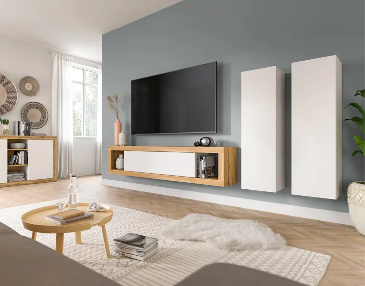 Meuble tv 180 cm + 2 armoires murales 110 cm bois et blanc Ethan Meuble tv 180 cm + 2 armoires murales 110 cm bois et blanc Ethan
