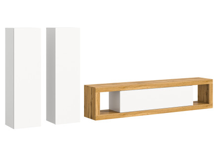 Meuble tv 180 cm +  2 armoires murales 110 cm bois et blanc Ethan