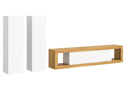 Meuble tv 180 cm +  2 armoires murales 110 cm bois et blanc Ethan