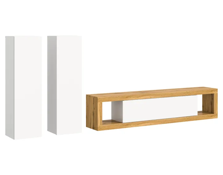 Meuble tv 180 cm + 2 armoires murales 110 cm bois et blanc Ethan Meuble tv 180 cm + 2 armoires murales 110 cm bois et blanc Ethan