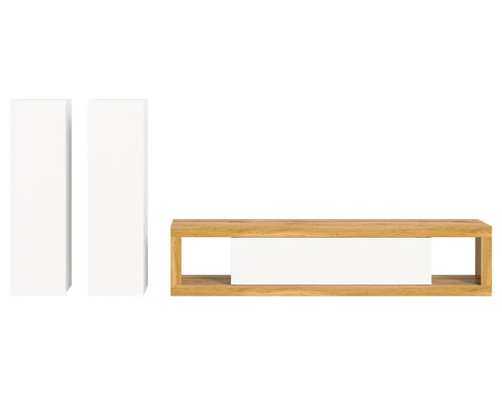 Meuble tv 180 cm + 2 armoires murales 110 cm bois et blanc Ethan Meuble tv 180 cm + 2 armoires murales 110 cm bois et blanc Ethan