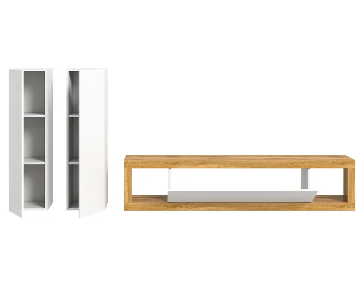 Meuble tv 180 cm + 2 armoires murales 110 cm bois et blanc Ethan Meuble tv 180 cm + 2 armoires murales 110 cm bois et blanc Ethan