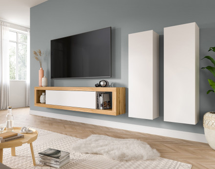 Meuble tv 180 cm +  2 armoires murales 110 cm bois et blanc Ethan