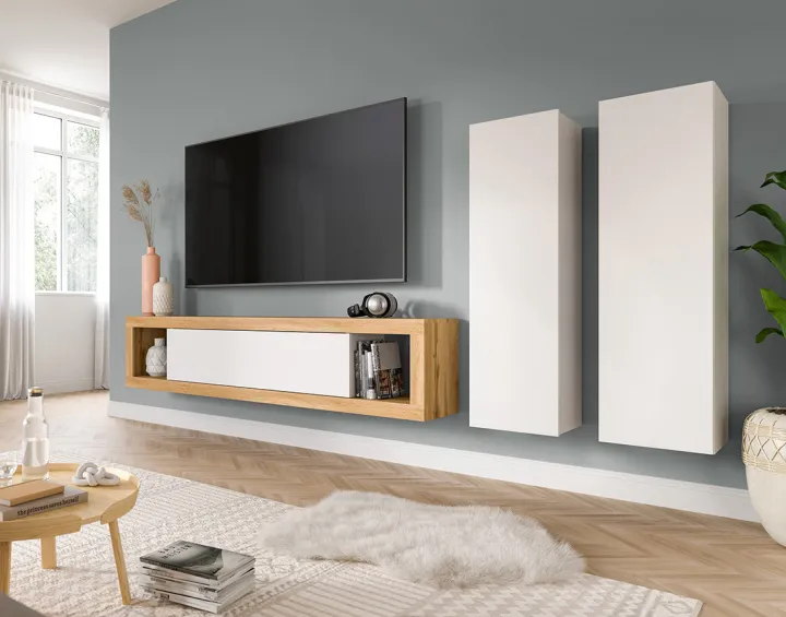 Meuble tv 180 cm +  2 armoires murales 110 cm bois et blanc Ethan