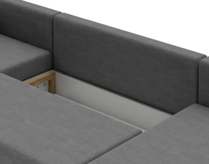Canapé panoramique d'angle gauche 7 places convertible avec coffre en tissu Leslie Canapé panoramique d'angle gauche 7 places convertible avec coffre en tissu Leslie