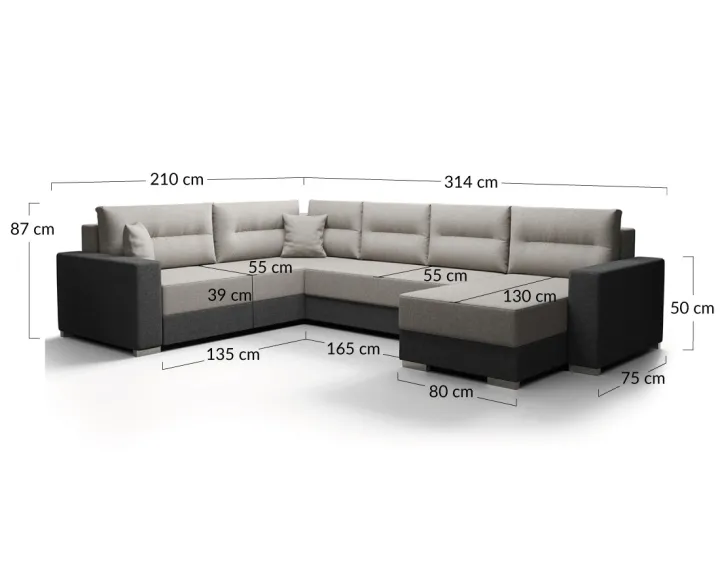 Canapé panoramique d'angle gauche 7 places convertible avec coffre en tissu Leslie Canapé panoramique d'angle gauche 7 places convertible avec coffre en tissu Leslie