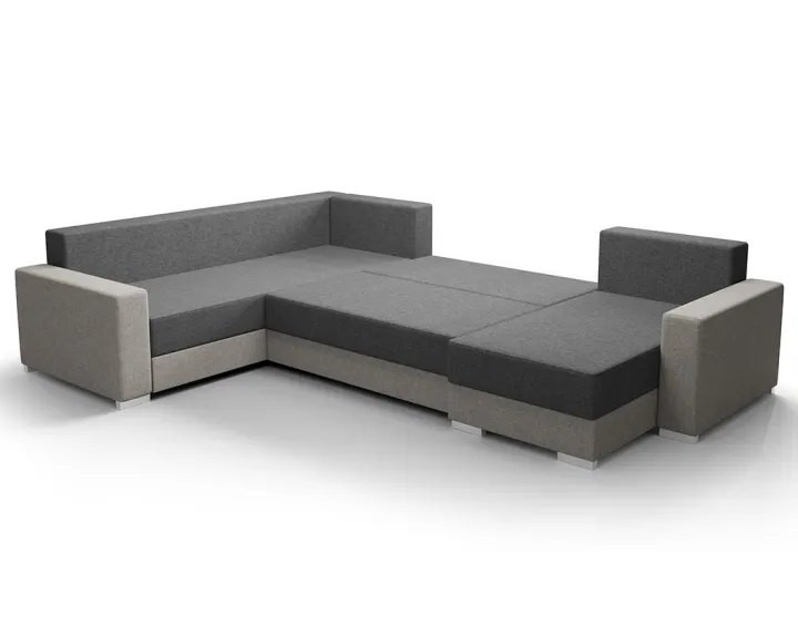 Canapé panoramique d'angle gauche 7 places convertible avec coffre en tissu Leslie Canapé panoramique d'angle gauche 7 places convertible avec coffre en tissu Leslie