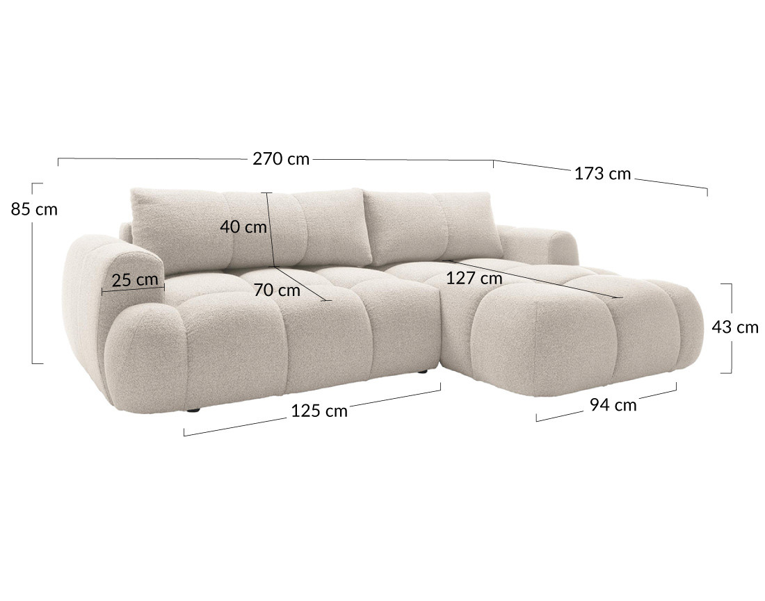 Canapé d'angle droit 4 places convertible avec coffre en tissu bouclette Yulin