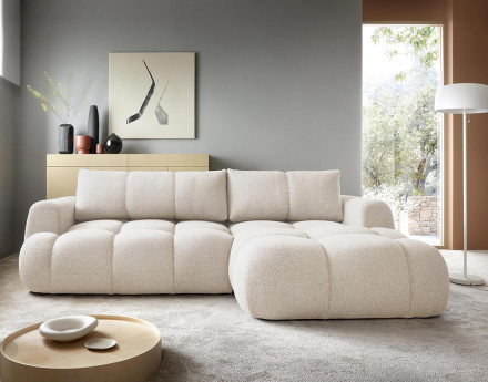 Canapé d'angle droit 4 places convertible avec coffre en tissu bouclette Yulin