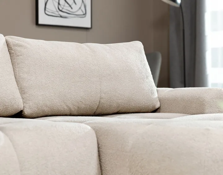 Canapé d'angle droit 4 places convertible avec coffre en tissu bouclette Yulin Canapé d'angle droit 4 places convertible avec coffre en tissu bouclette Yulin