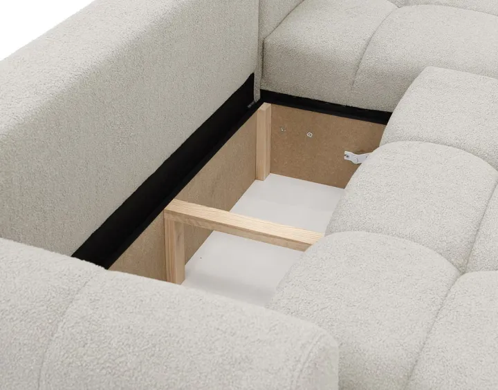 Canapé d'angle droit 4 places convertible avec coffre en tissu bouclette Yulin Canapé d'angle droit 4 places convertible avec coffre en tissu bouclette Yulin