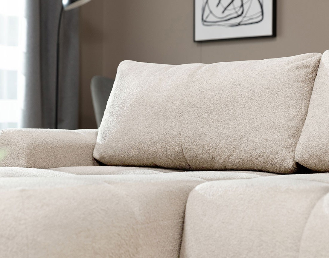 Canapé d'angle gauche 4 places convertible avec coffre en tissu bouclette Yulin Canapé d'angle gauche 4 places convertible avec coffre en tissu bouclette Yulin