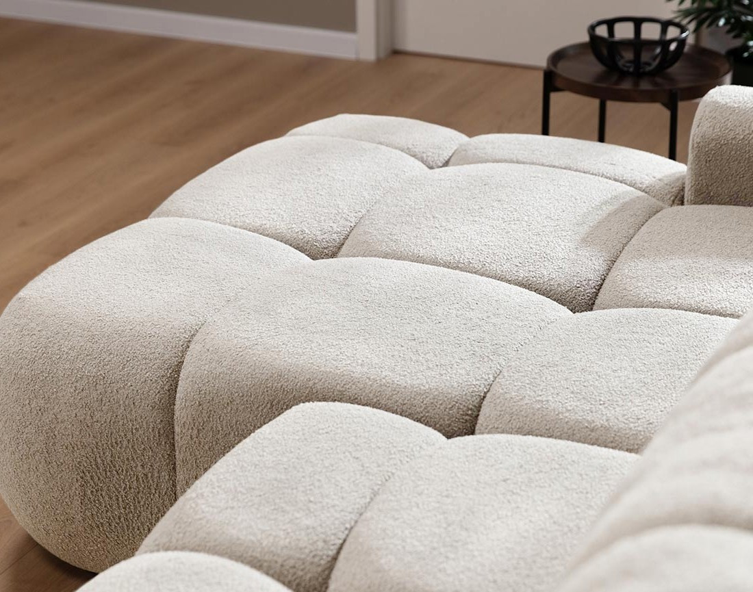 Canapé d'angle gauche 4 places convertible avec coffre en tissu bouclette Yulin Canapé d'angle gauche 4 places convertible avec coffre en tissu bouclette Yulin