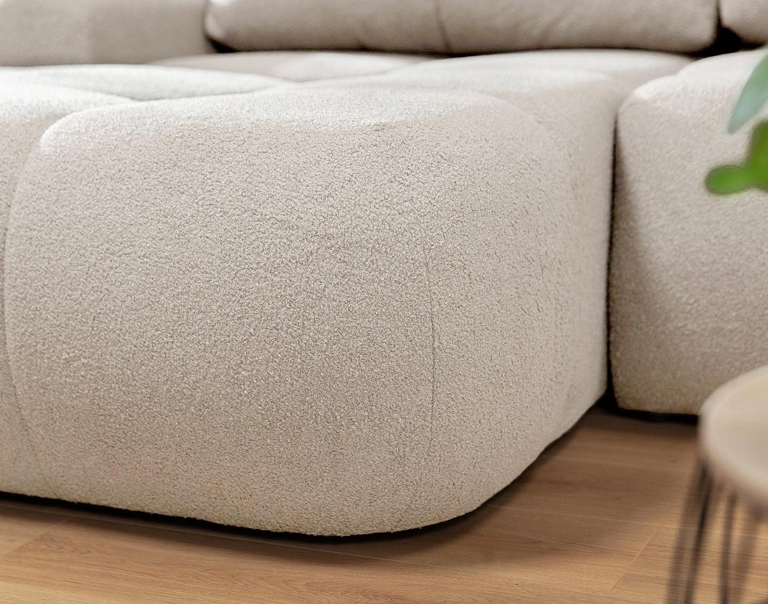 Canapé d'angle gauche 4 places convertible avec coffre en tissu bouclette Yulin Canapé d'angle gauche 4 places convertible avec coffre en tissu bouclette Yulin