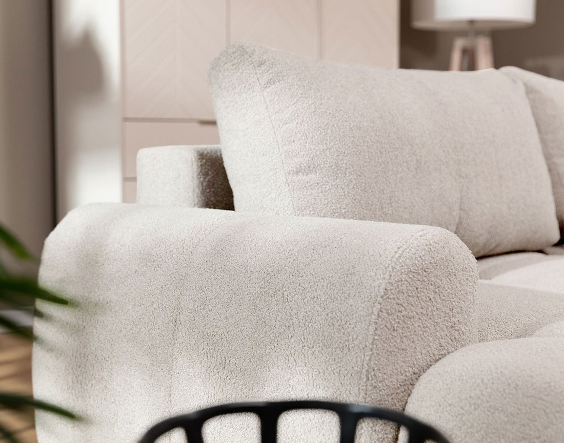 Canapé d'angle gauche 4 places convertible avec coffre en tissu bouclette Yulin Canapé d'angle gauche 4 places convertible avec coffre en tissu bouclette Yulin